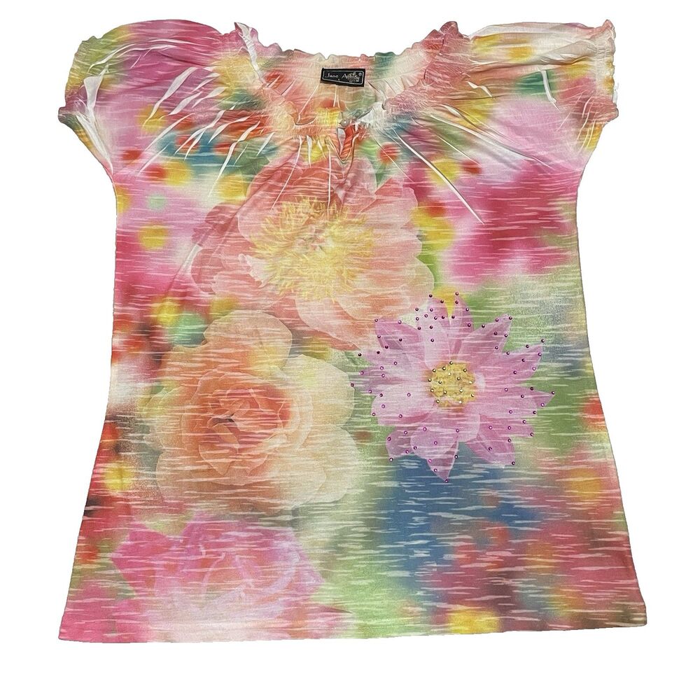 Y2k Boho Jane Ashley Rhinestone Floral Double Sided Multicolor Blouse Size Large